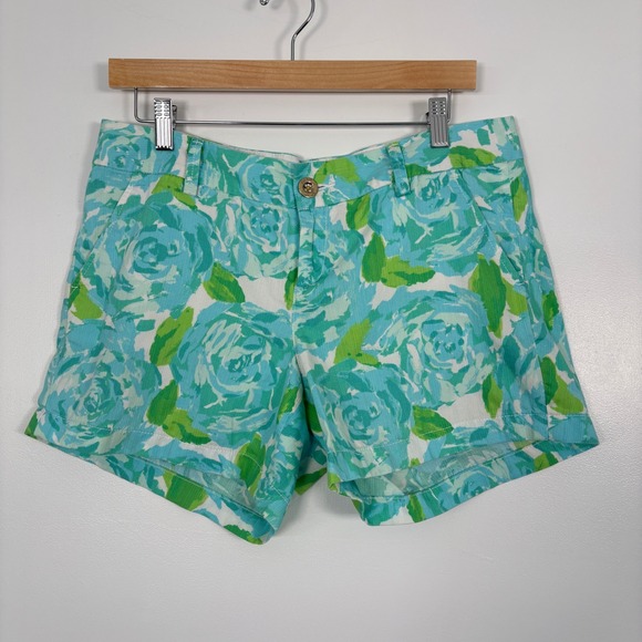 Lilly Pulitzer Pants - Lilly Pulitzer Womens Callahan Short 10 Blue Green Floral Rose Print 5" Inseam